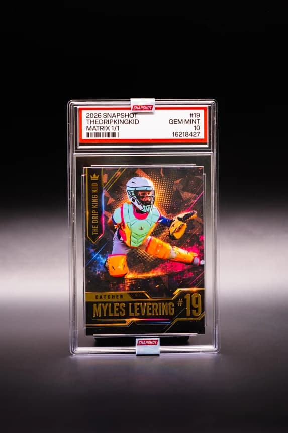 The Slab: a custom trading card sealed in a clear acrylic case under a serialised Snapshot label