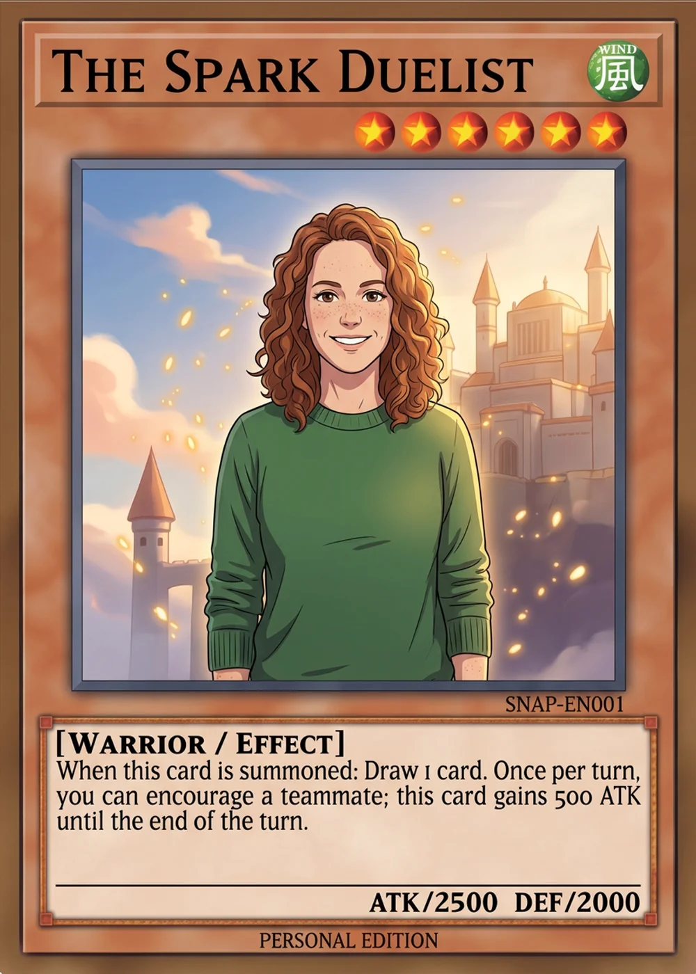 Duel Champion custom dueling-monster card with an anime portrait, level stars and ATK/DEF