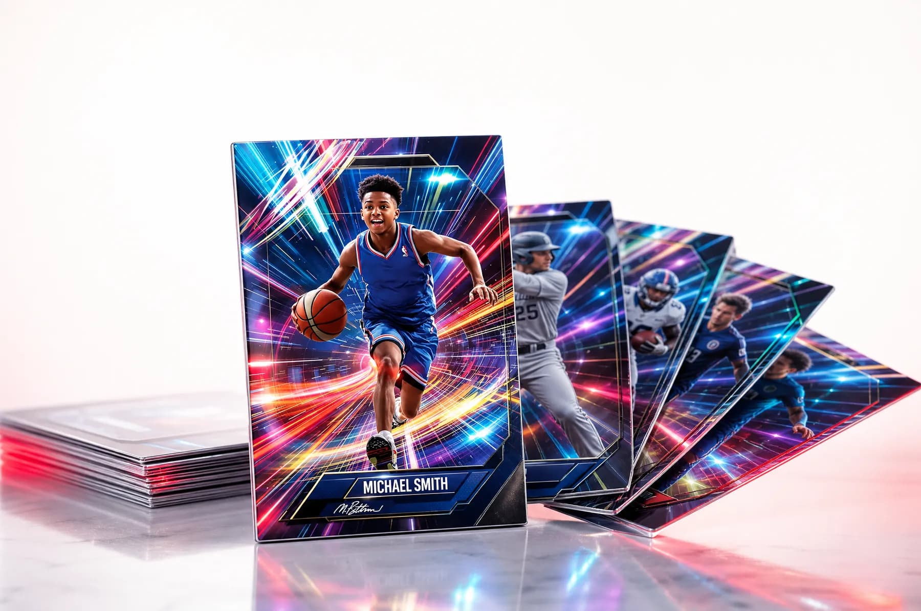 Premium custom sports trading cards for an organization's teams — basketball, baseball, and football players