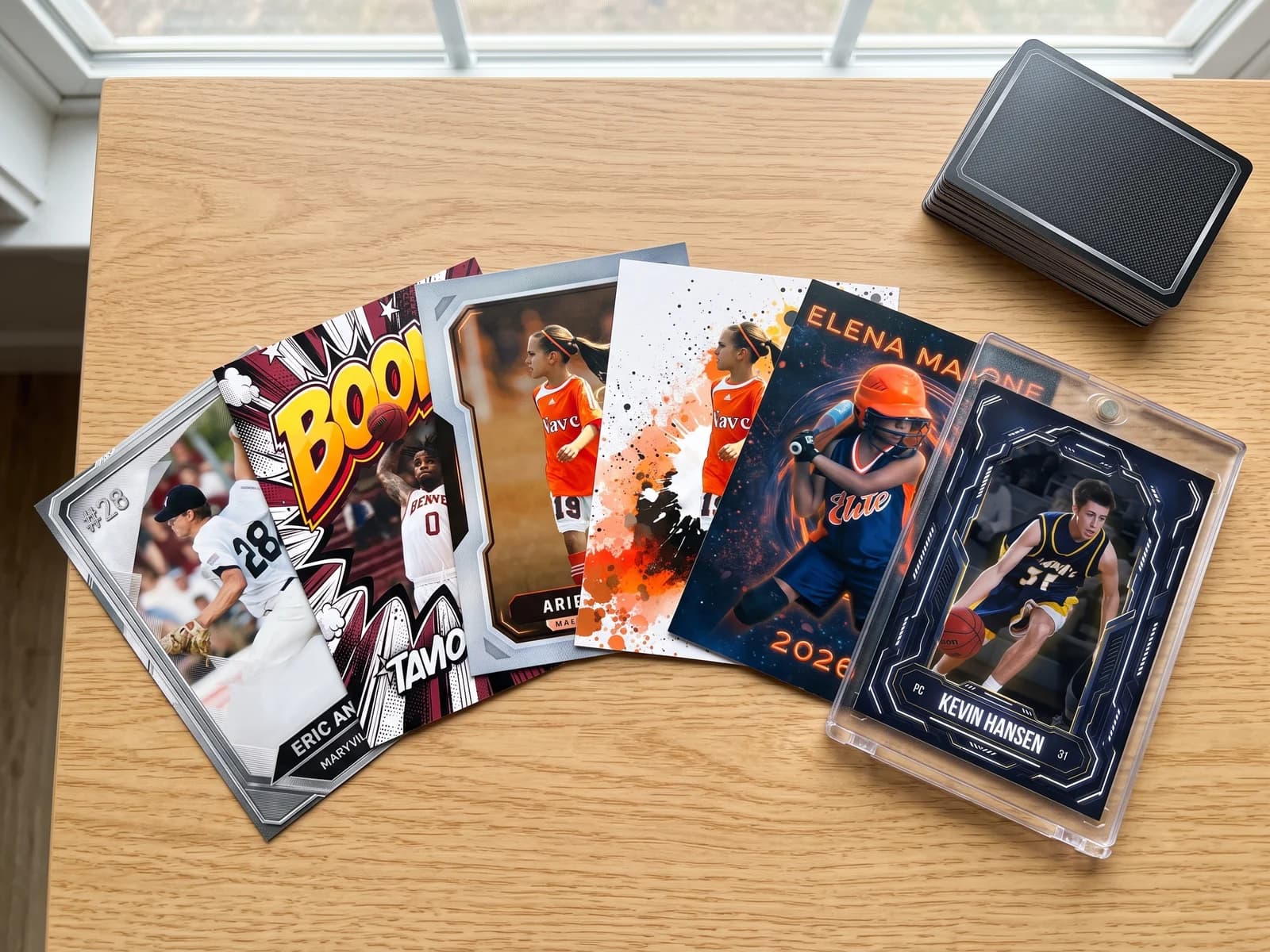 Printed Snapshot trading cards in six different template designs spread on a table, one in a magnetic case