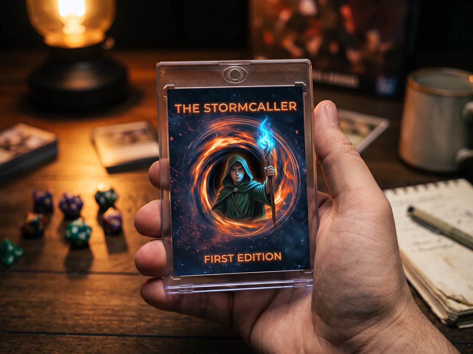 A custom Afterdark card carrying original fantasy artwork of a sorcerer, held in a magnetic case at a game table