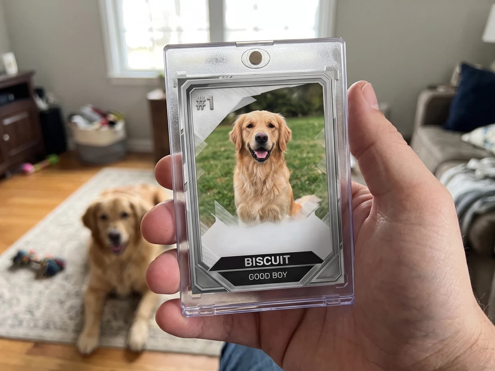 A custom Modern Chrome card of a golden retriever named Biscuit, held in a magnetic case