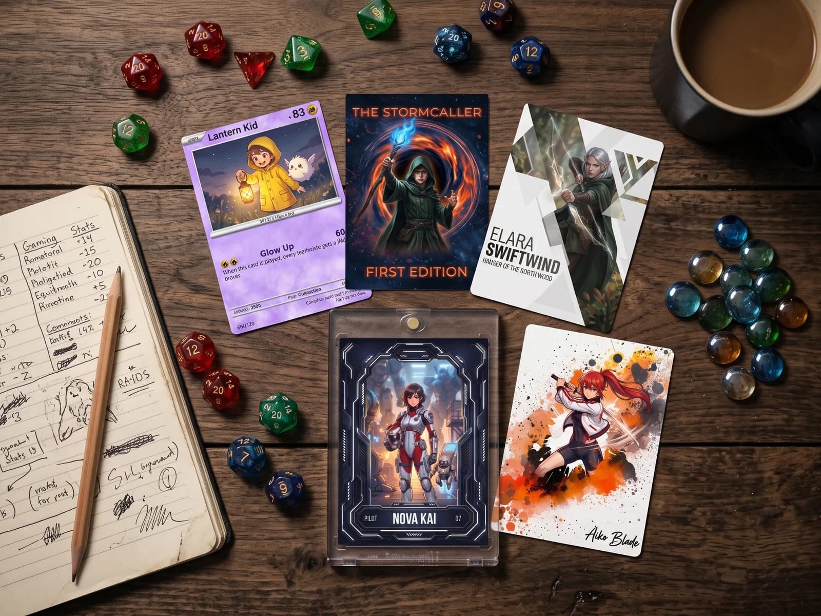Printed custom fantasy cards on Snapshot designs spread on a game-night table with dice