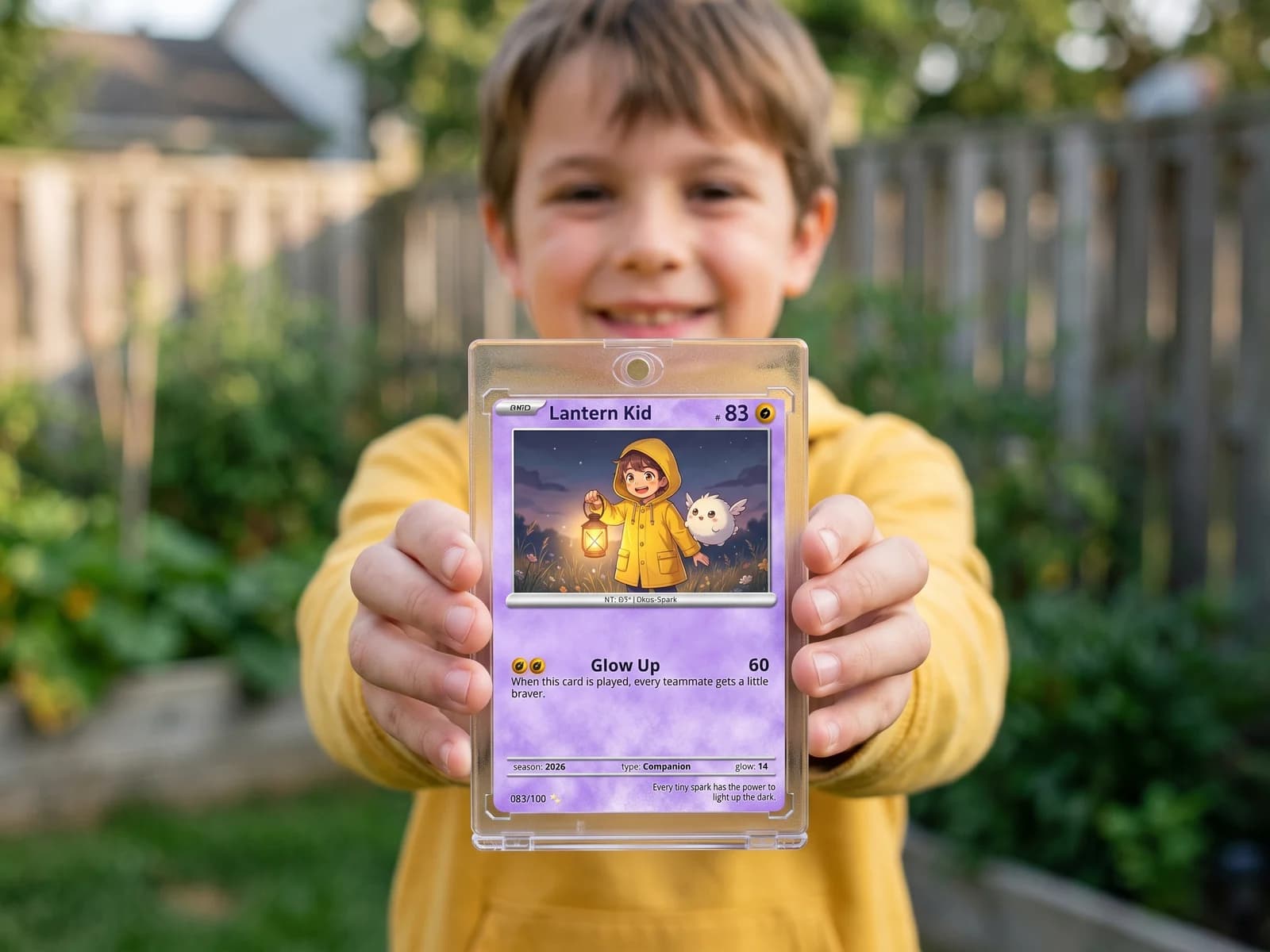 A kid holding up a printed Wild Card custom card with anime art