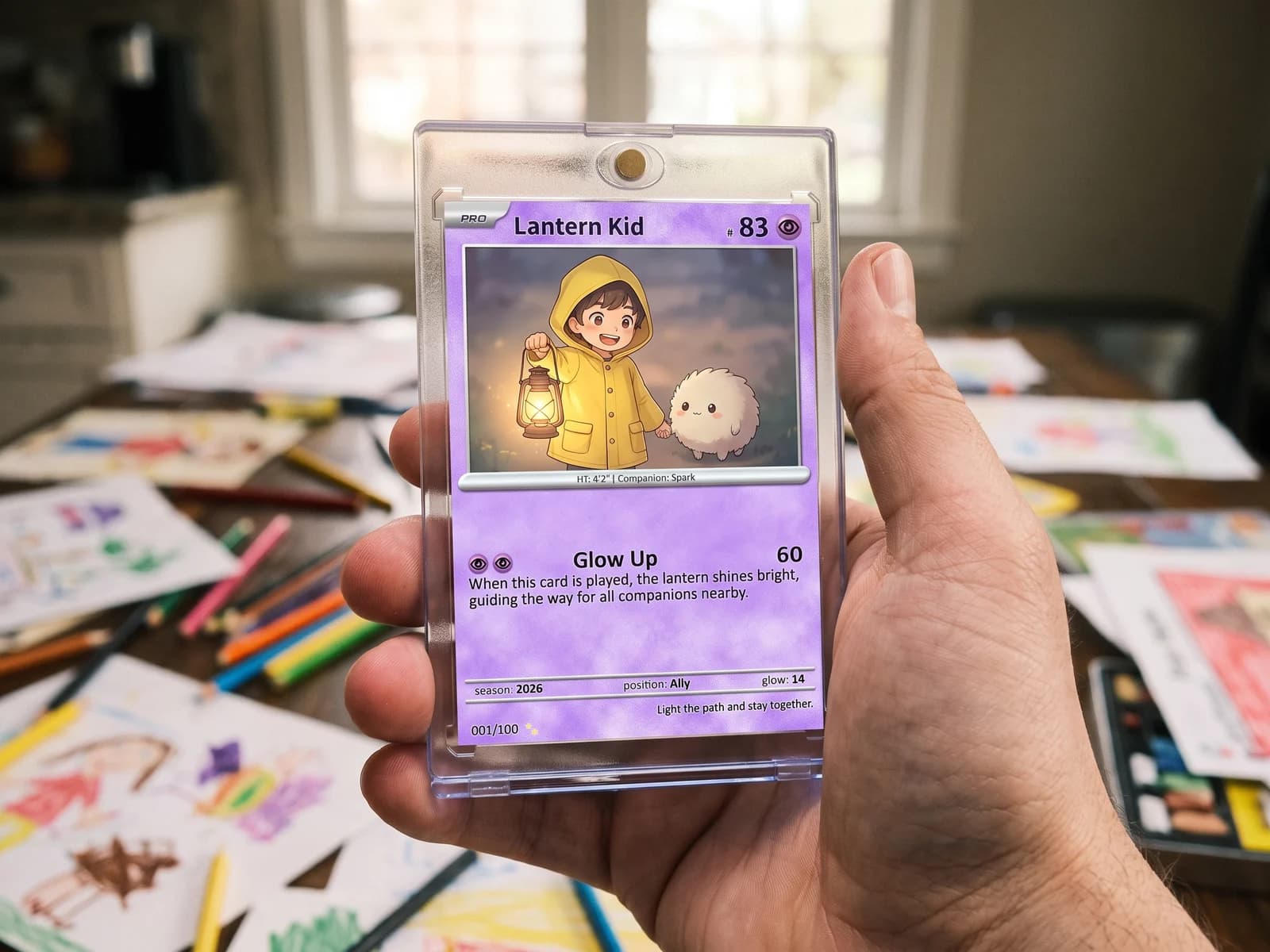 A fan-made Wild Card custom card with an original illustrated character, held in a magnetic case
