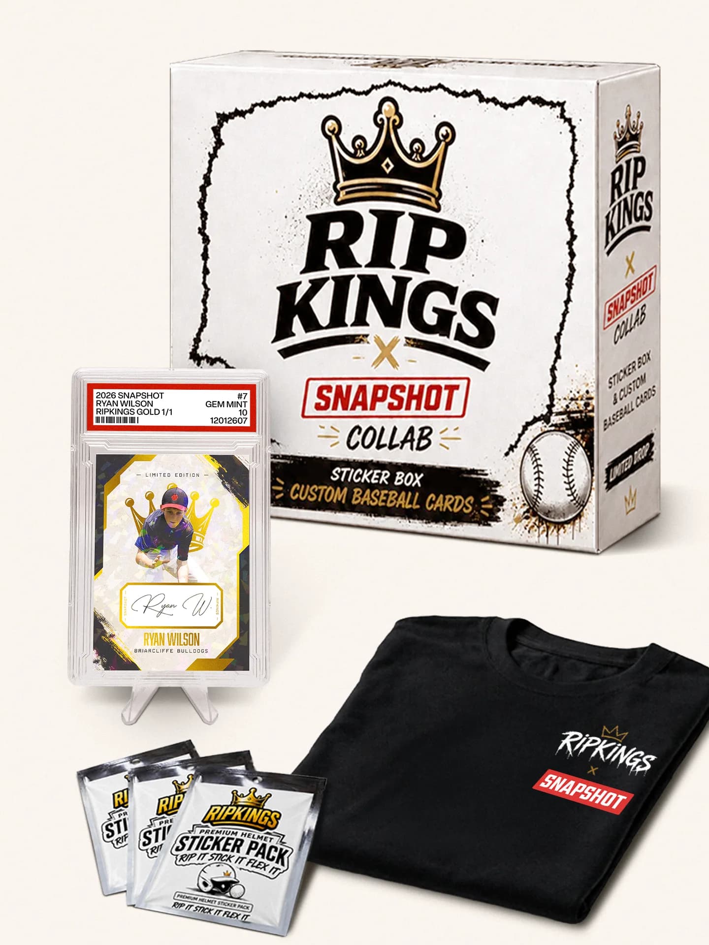 The RipKings x Snapshot Collector's Box — slabbed card, collab T-shirt, and helmet sticker packs