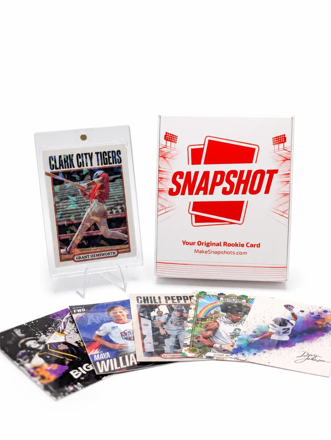 Custom trading cards in magnetic display case - The Rookie Box sports card pack with professional quality printing