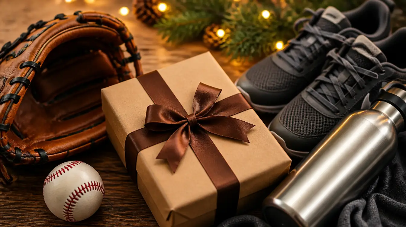 Sports gift ideas — a wrapped gift box beside a baseball glove, ball, sneakers, and water bottle in warm holiday lighting