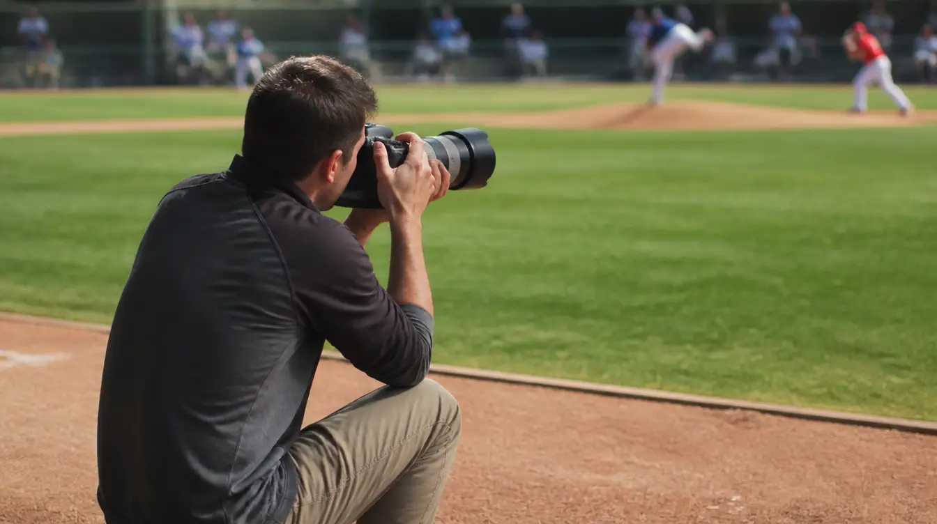 Sports photographer kneeling on the sideline with a telephoto lens, shooting a youth baseball game