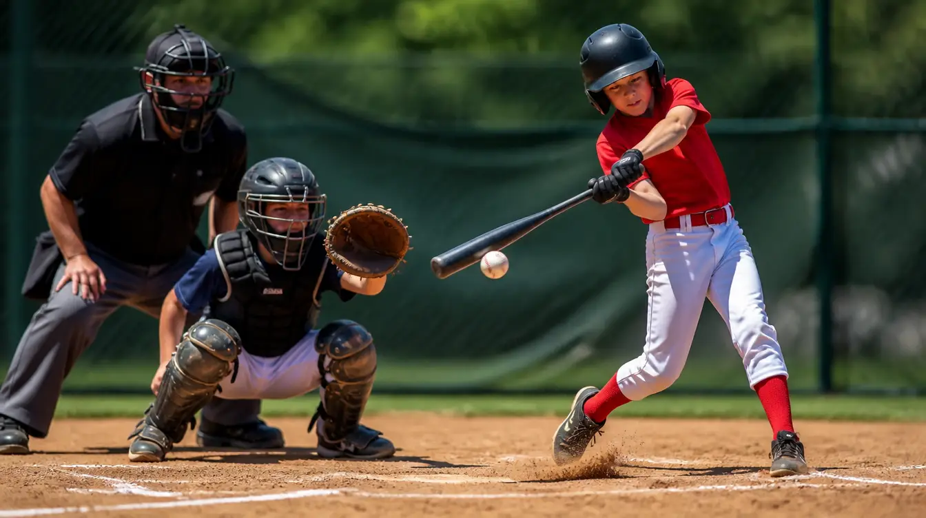 Young baseball player connecting with a pitch at the plate during a tournament game