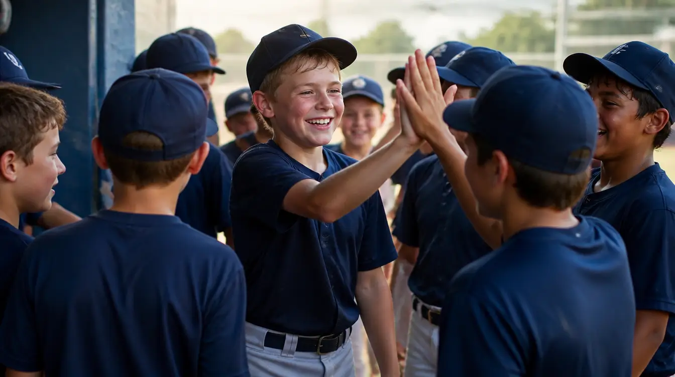 Youth baseball team high-fiving and celebrating together in the dugout after a tournament win