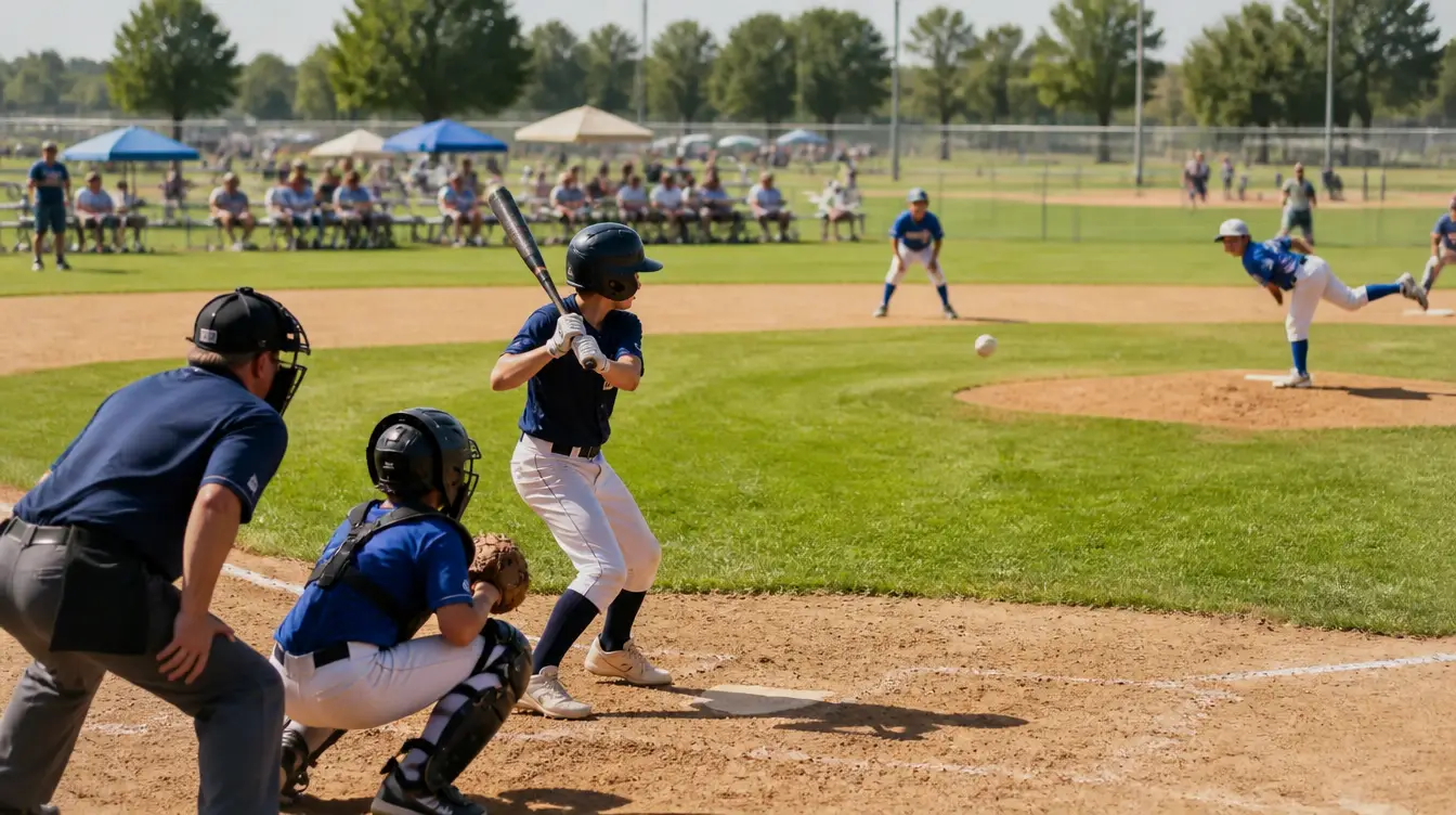 Youth baseball tournament in progress on a sunny morning with multiple diamonds and families watching from the bleachers