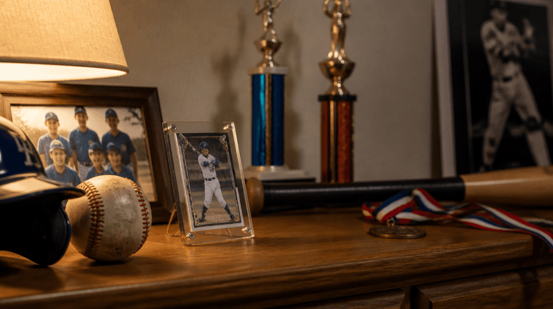 A custom trading card displayed on a shelf among trophies and sports gear