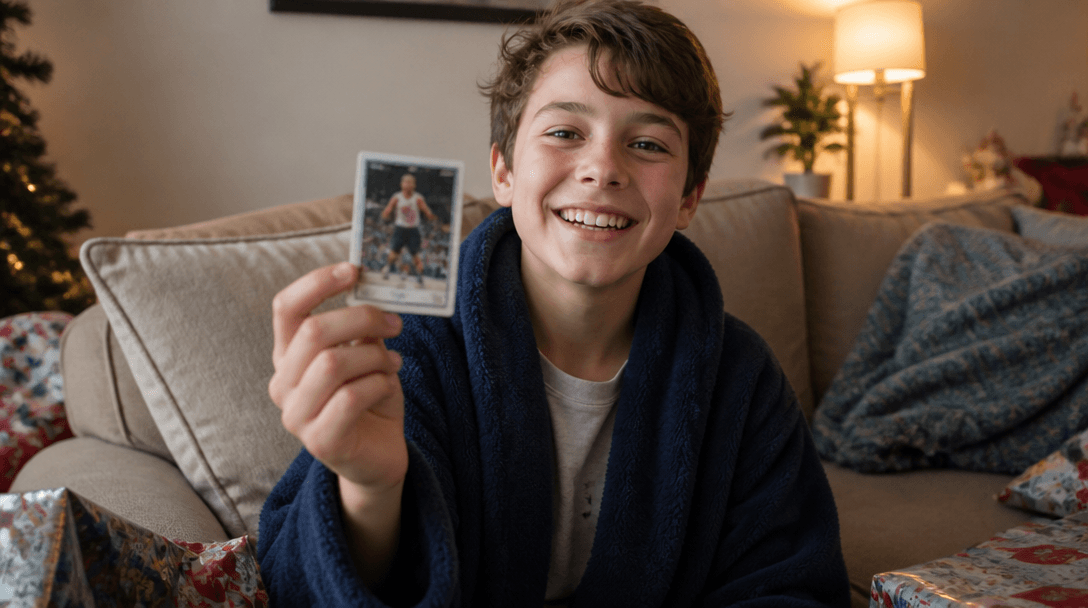 A young athlete happily holding up a custom trading card of themselves