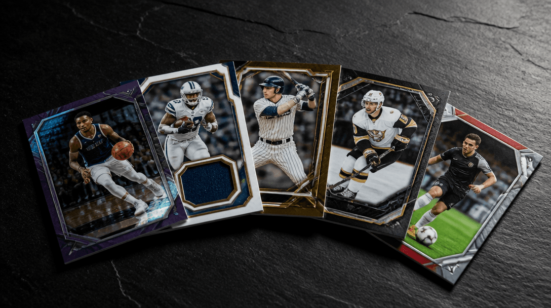 A spread of custom sports trading cards with different designs and finishes