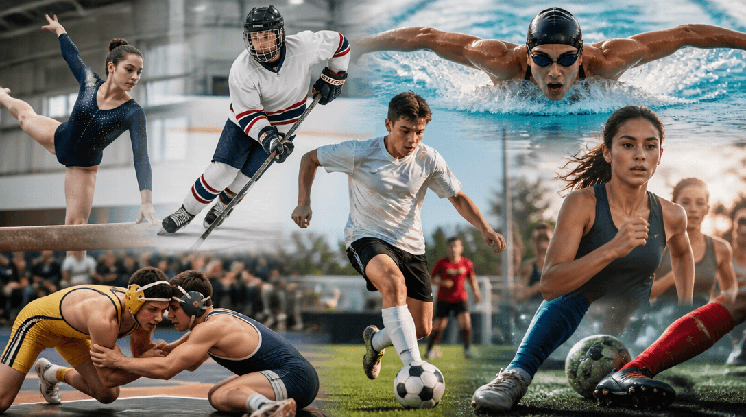 Young athletes from many different sports shown in action