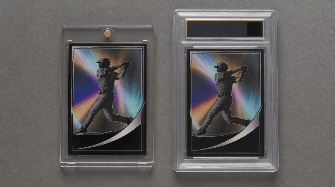 A custom card in a magnetic case next to a card in a sealed slab case