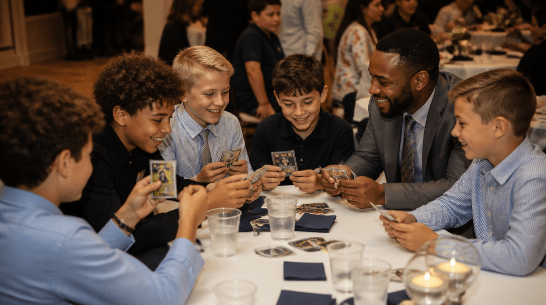 A youth team comparing custom trading cards at an end-of-season banquet