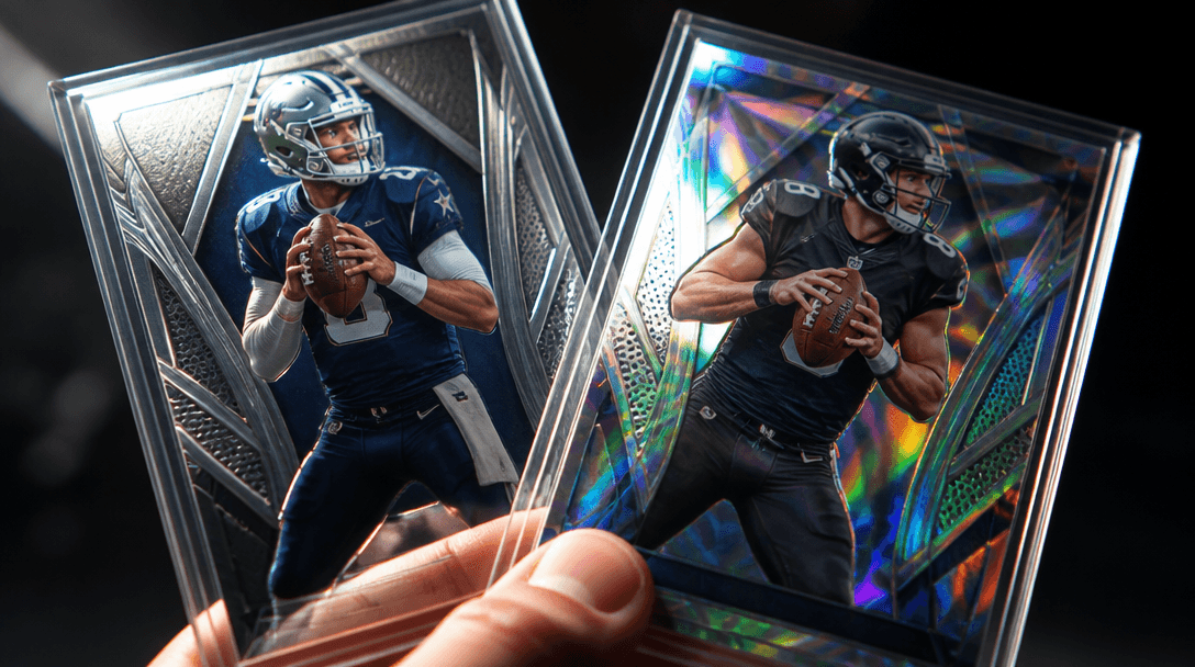 A foil card and a holographic card side by side showing their different finishes