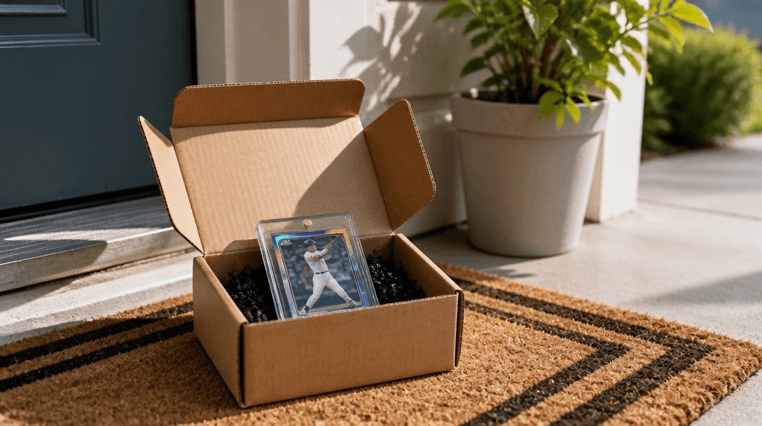A delivered shipping box on a doorstep with a custom trading card inside