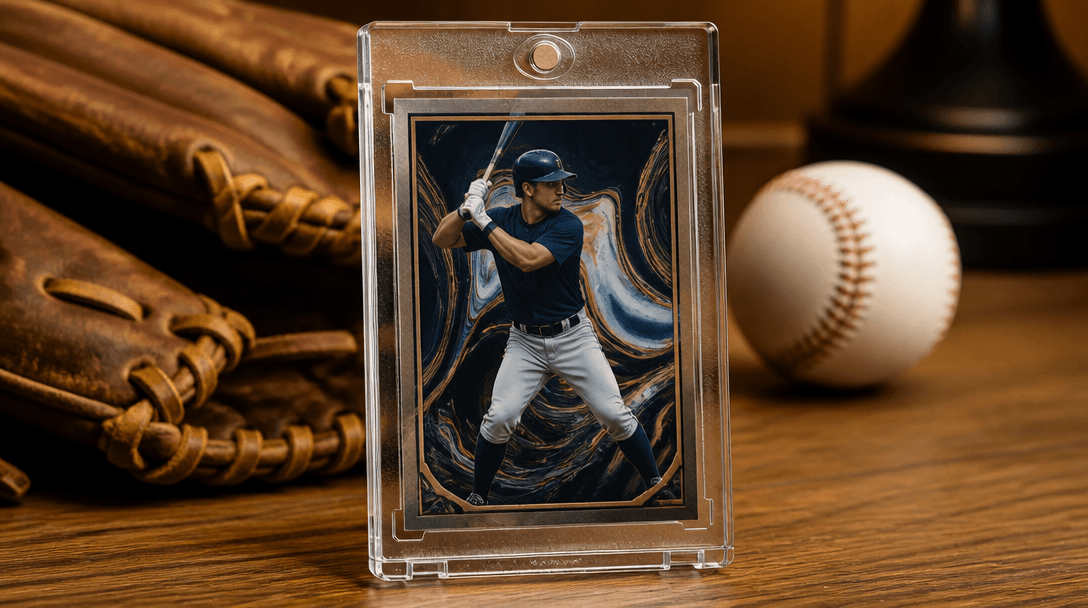 A custom trading card in a magnetic display case on a desk next to a baseball glove