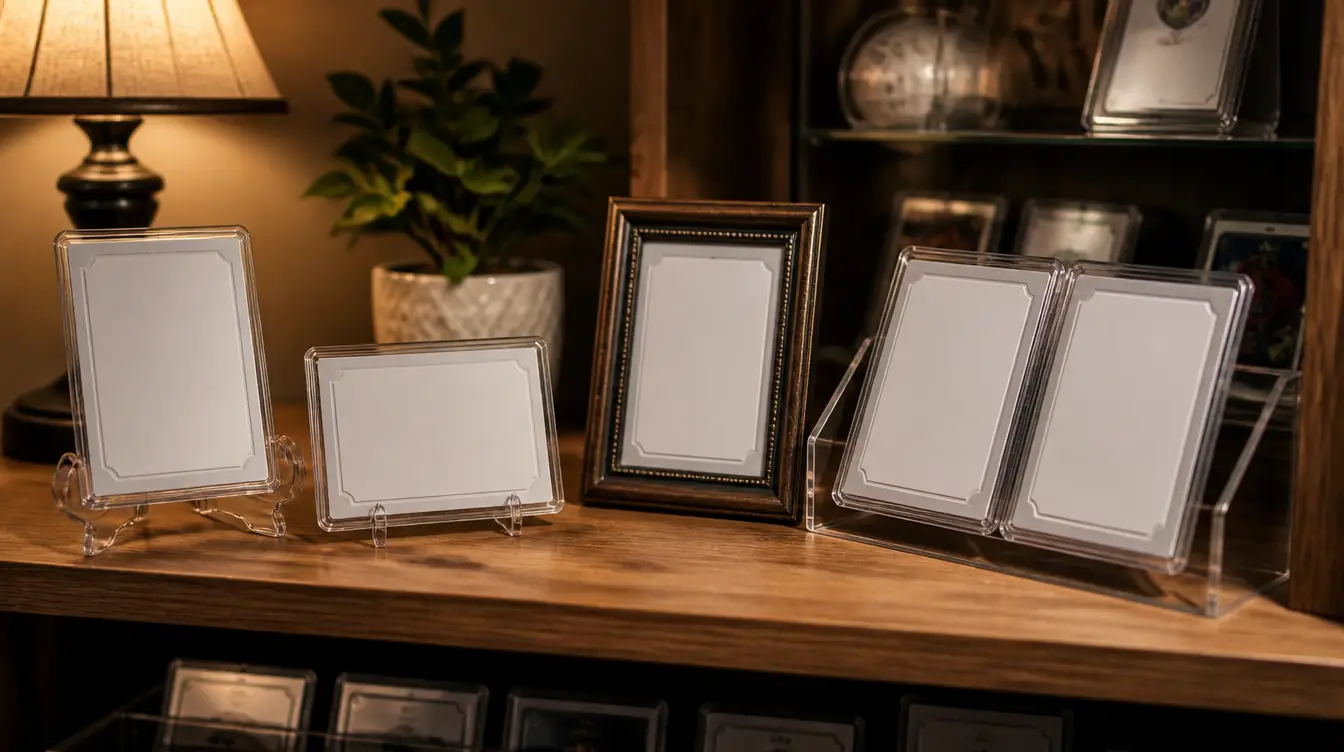 Trading cards displayed on a wooden shelf in clear stands and a frame