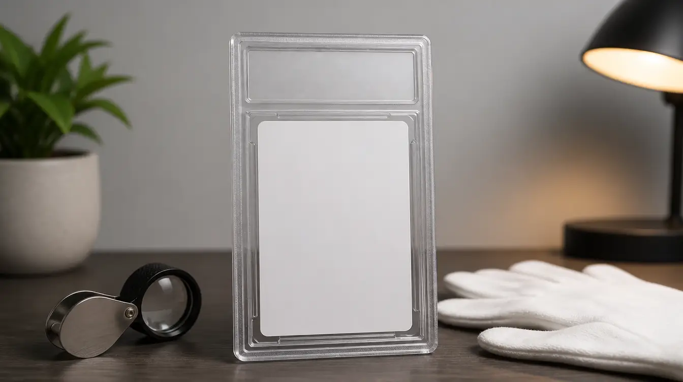 A trading card sealed in a graded slab beside a magnifying loupe