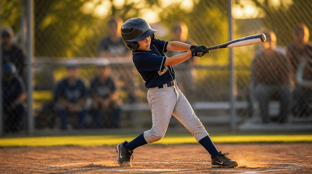 A young Little League player swinging a bat on a sunny ballfield