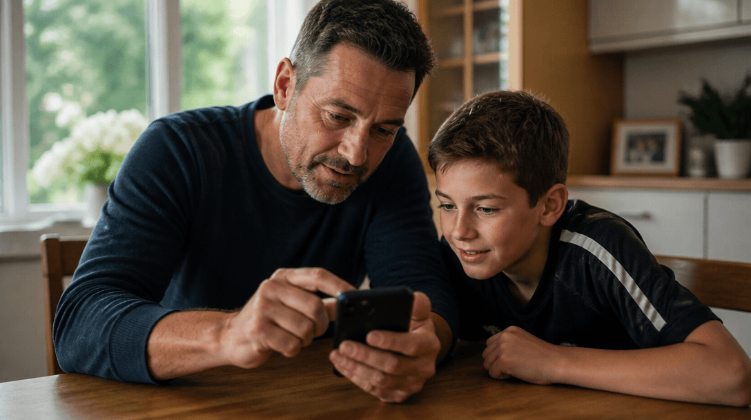 A parent and child designing a custom sports card together on a phone at home