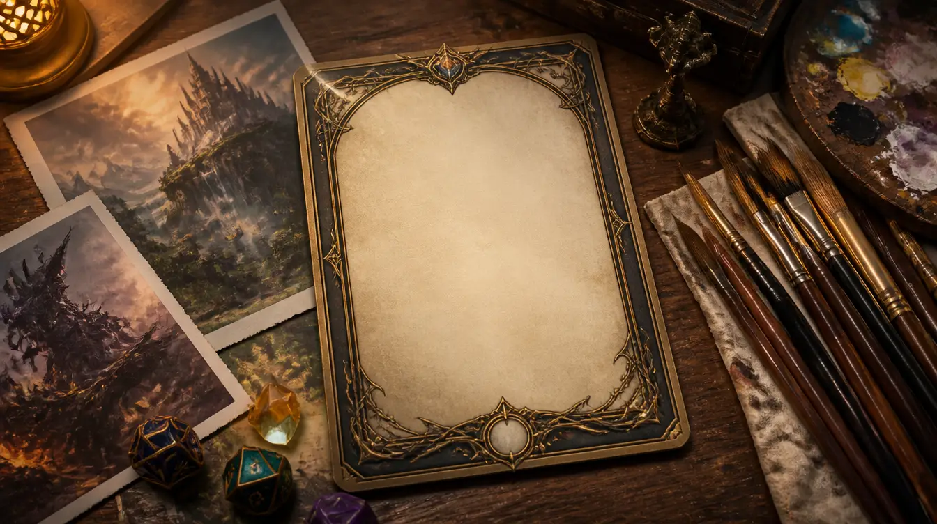 A blank fantasy trading card on a design desk beside brushes and dice