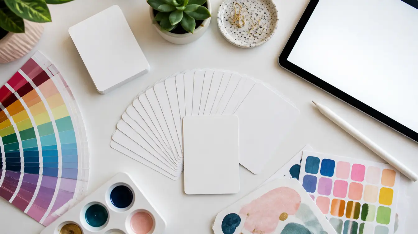 A deck of blank playing cards mid-design on a desk with swatches and a tablet