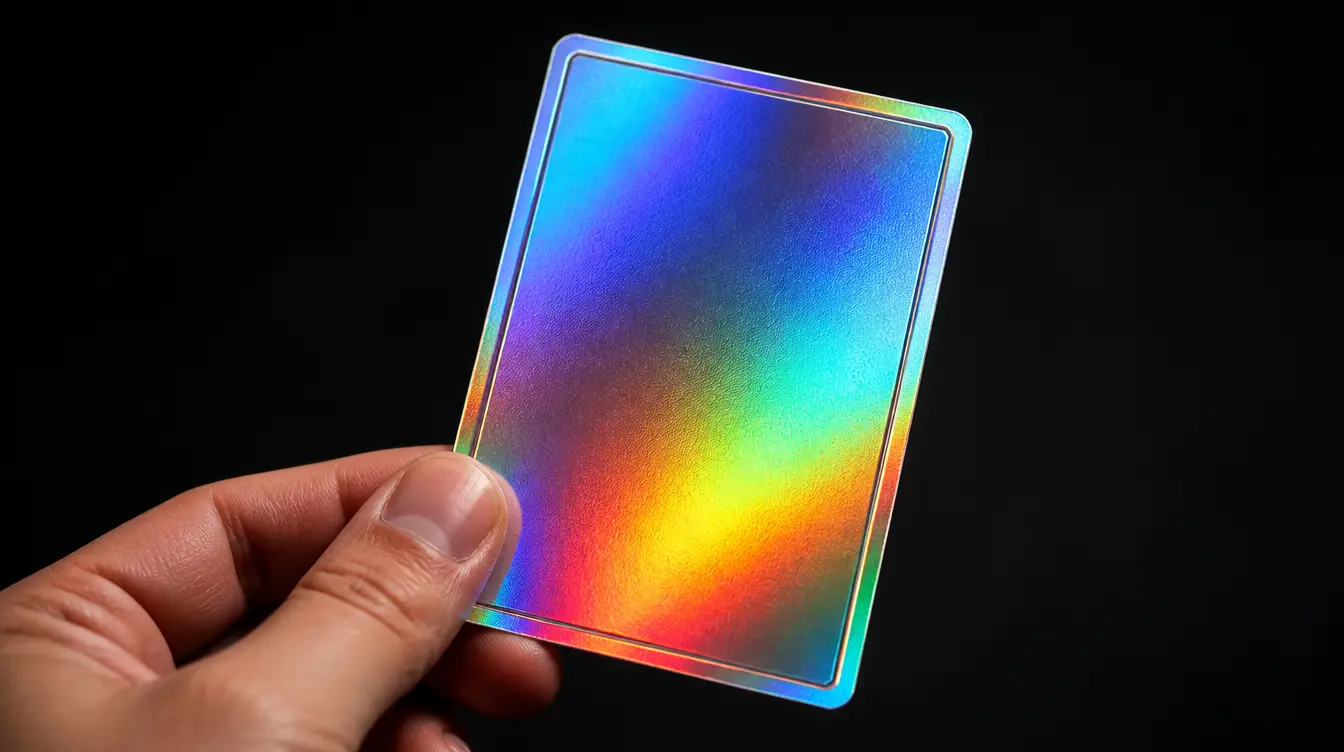 A hand holding a holographic trading card catching a rainbow sheen