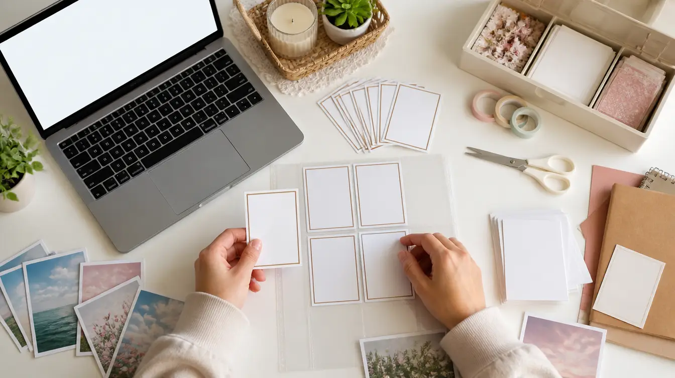 Hands arranging blank trading cards and photo prints on a bright craft desk