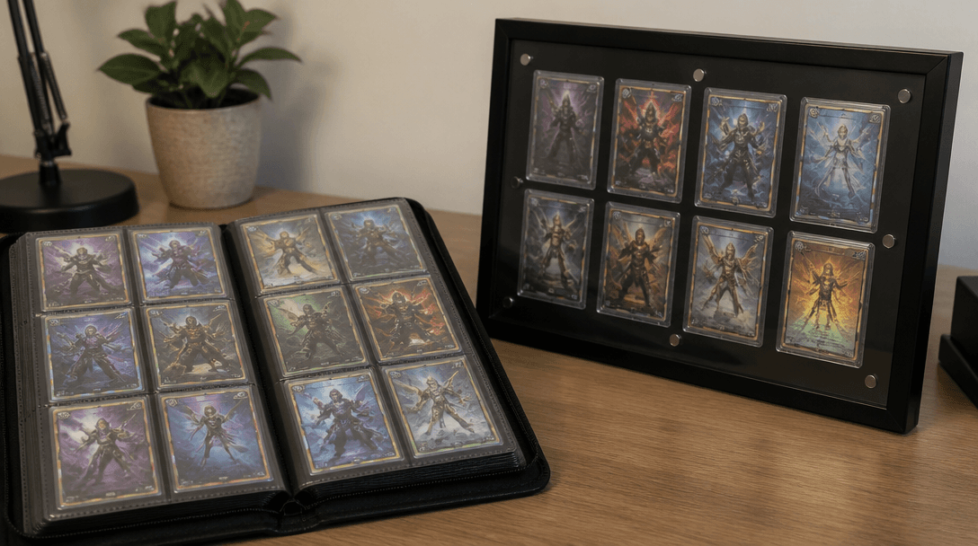 Trading cards stored in protective sleeves, a binder page, and a display case