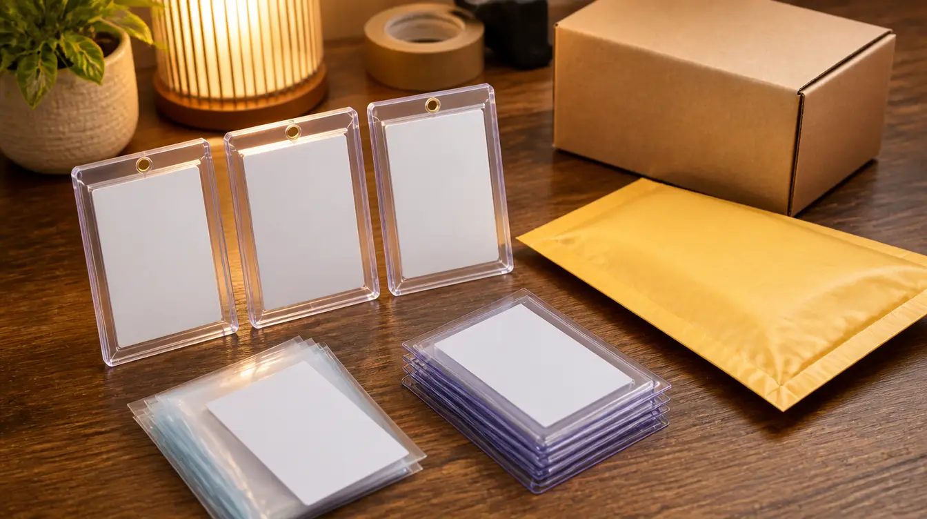 Trading cards in protective sleeves beside a padded envelope and shipping box