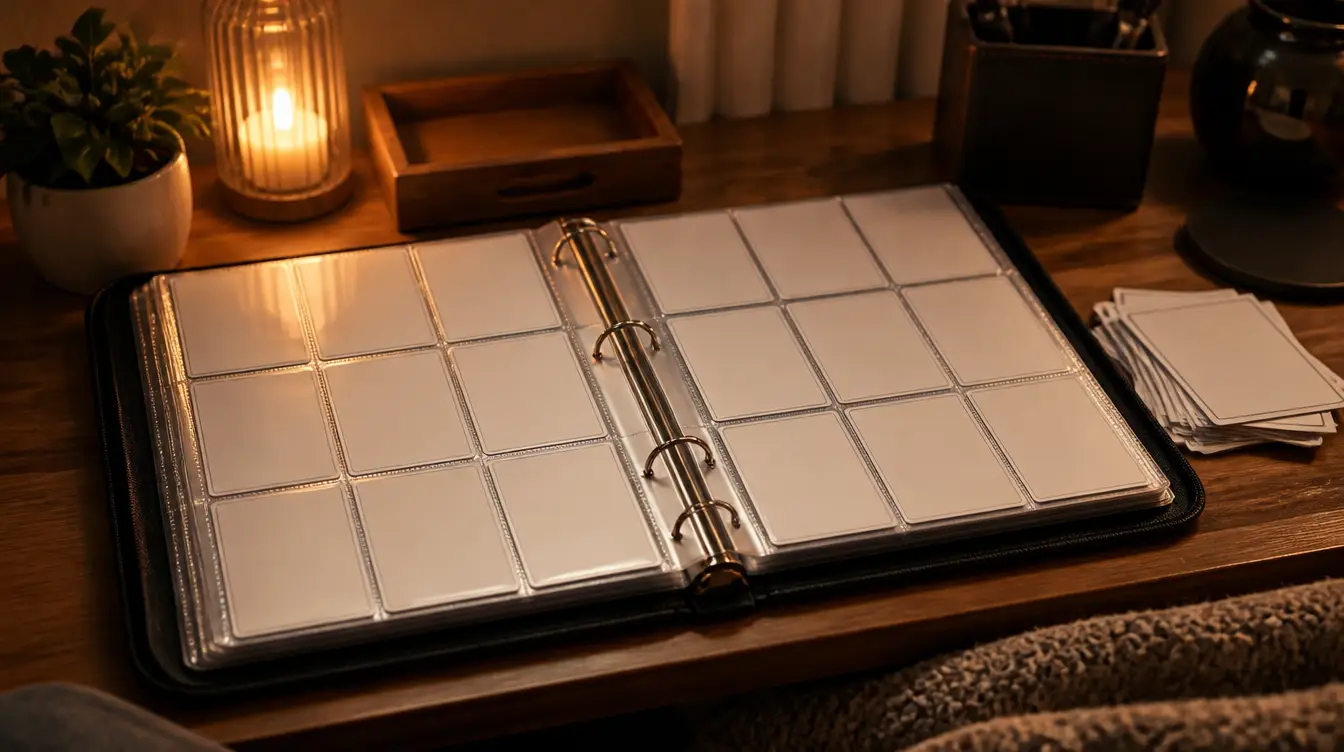 An open collector binder with trading cards in pocket pages on a cozy desk