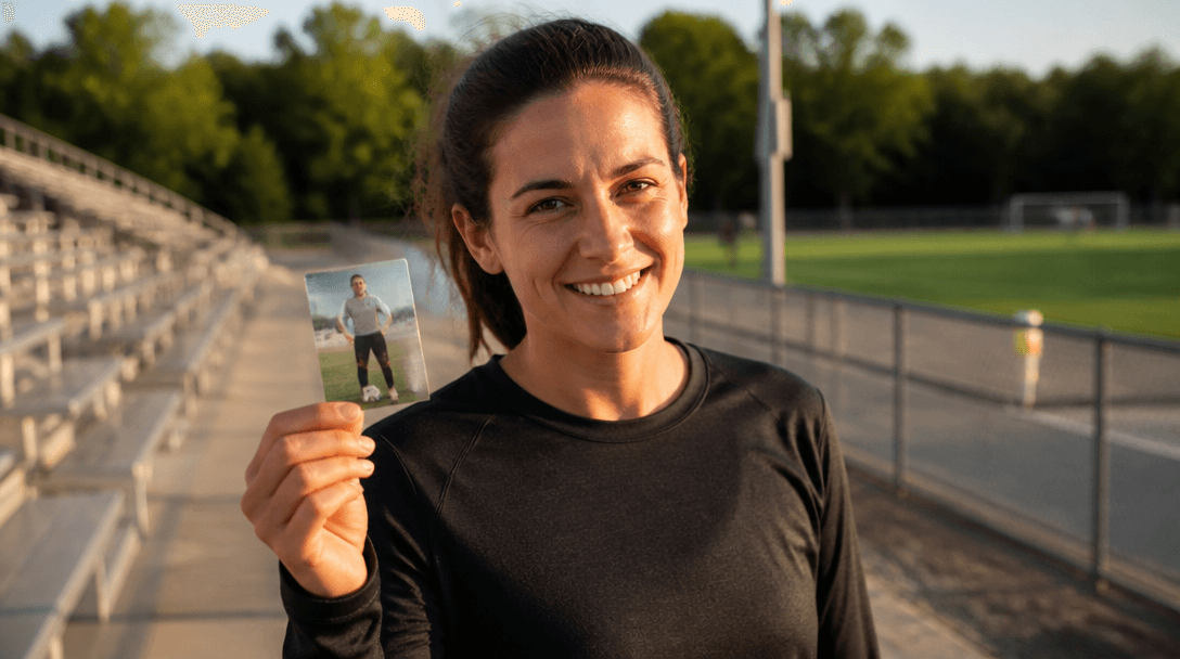 An adult athlete holding a custom trading card they made of themselves