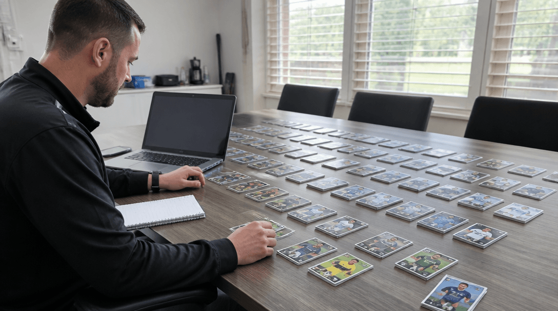 A coach reviewing a full team set of custom trading cards laid out on a table