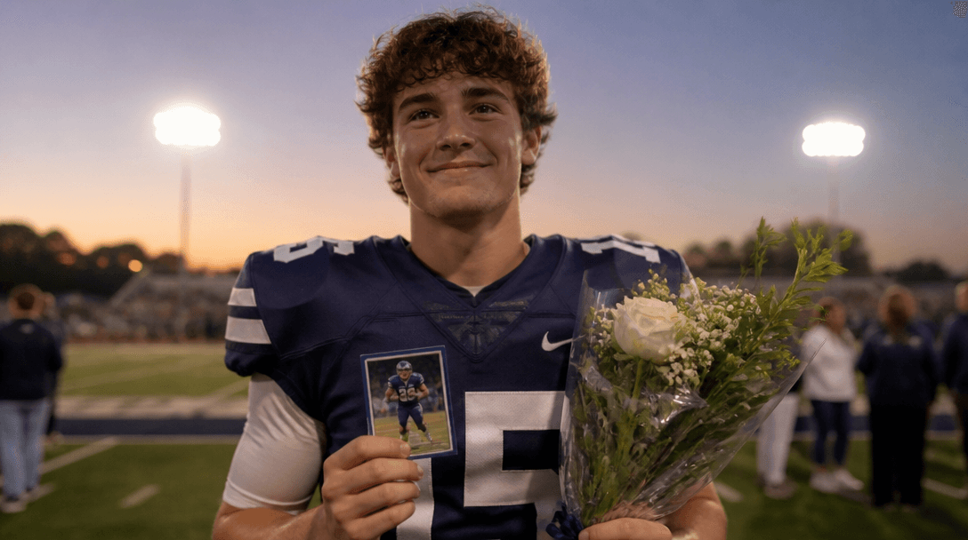 A graduating senior athlete holding a custom card on senior night