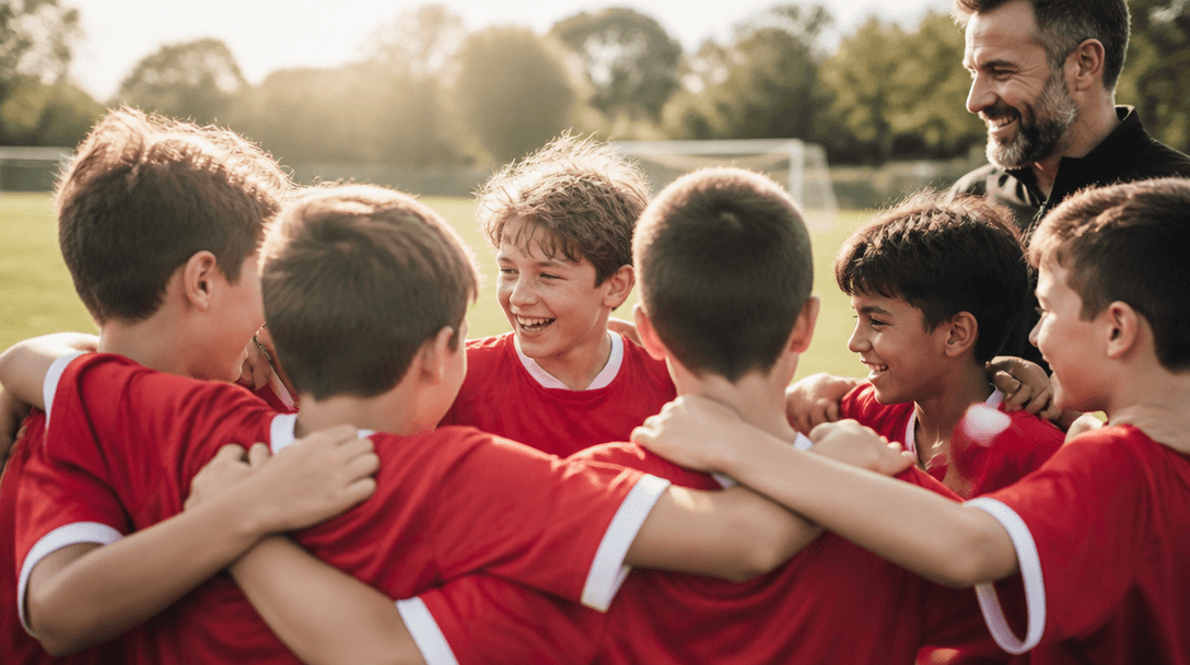A youth sports team huddled together smiling after a game