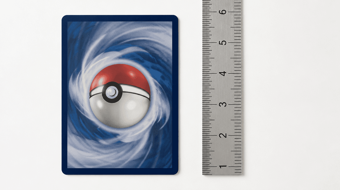 A standard trading card shown next to a ruler on a white surface