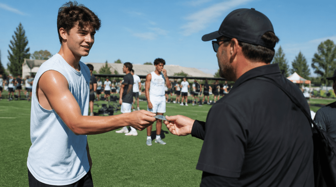 A high school athlete handing a recruiting card to a college coach at a showcase