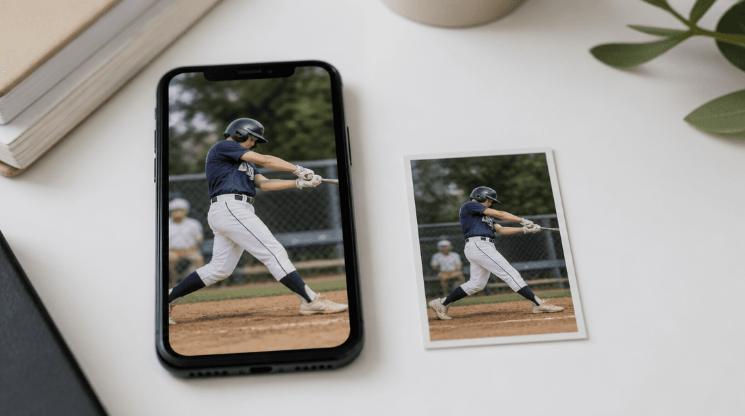 A phone photo next to the printed trading card made from it on a desk