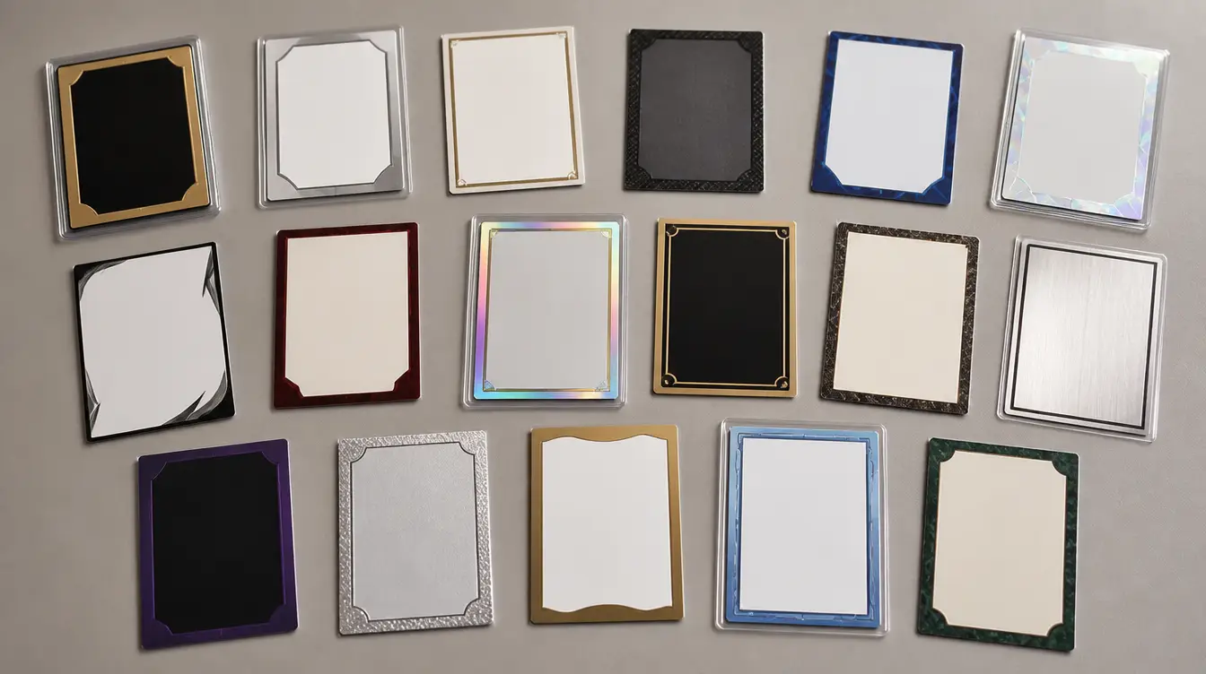 A varied spread of blank trading cards in different border styles on a table