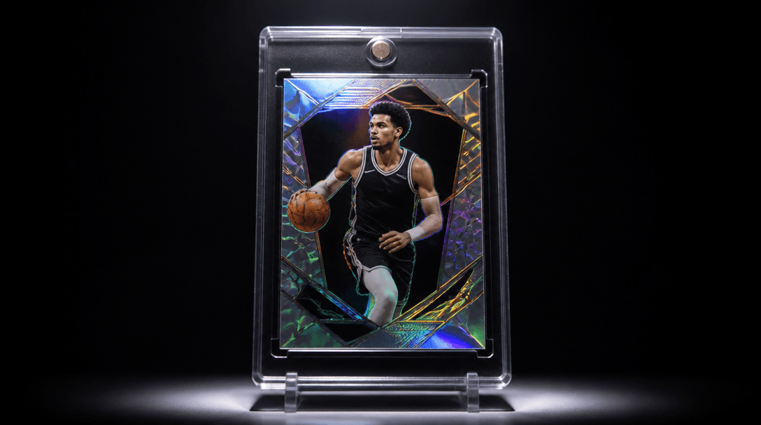 A single premium holographic trading card displayed under a spotlight