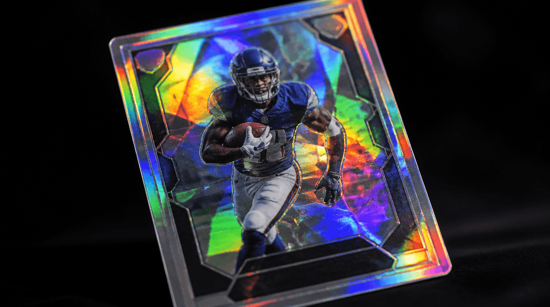 A holographic trading card showing a rainbow prism shimmer under light