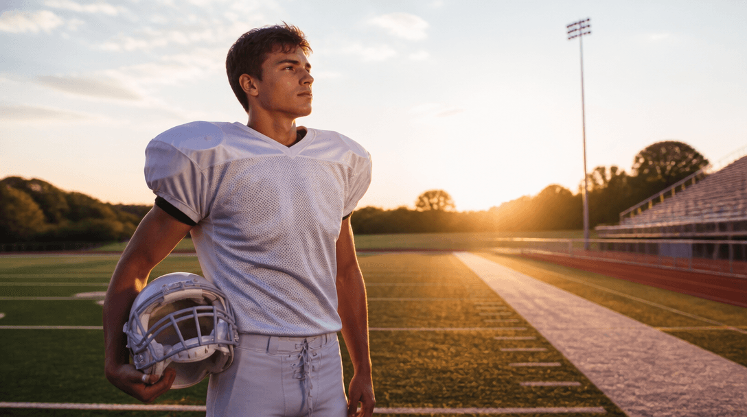 A young athlete in uniform at the start of their first season
