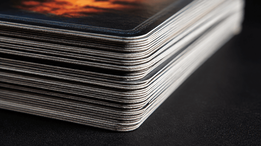 A macro close-up of the layered edge of thick trading card stock