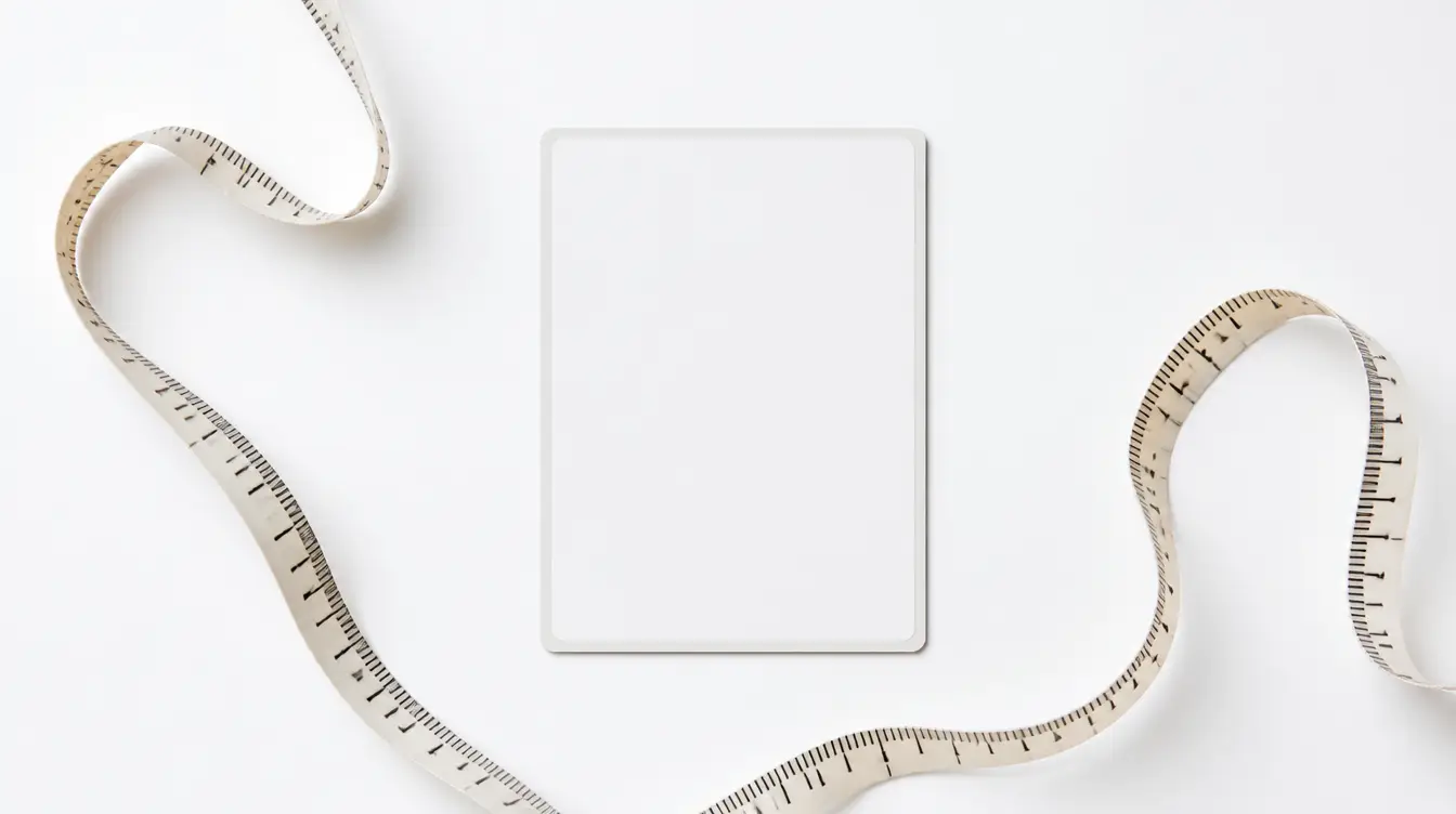 A blank trading card with a measuring tape curved around it on a white surface