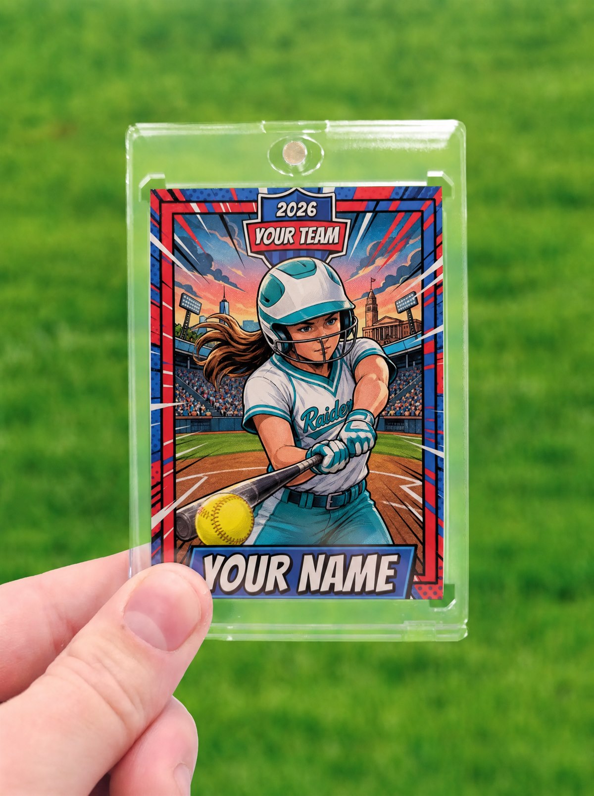 A custom softball trading card made from a player's own photo
